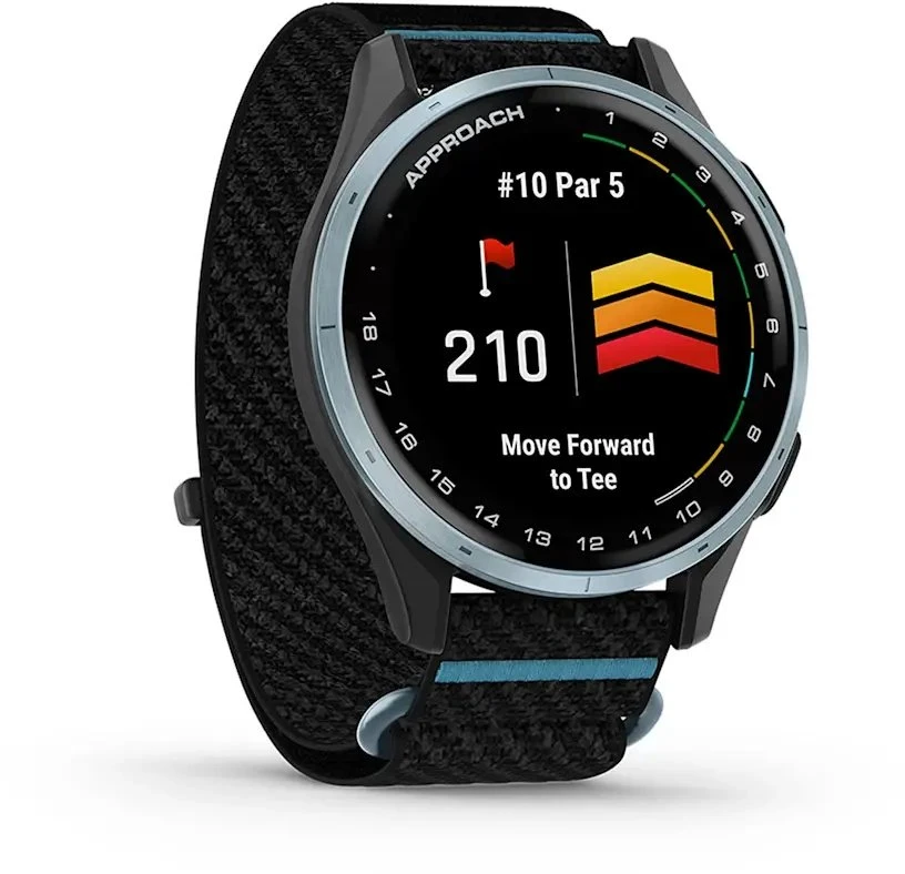 Išmanusis laikrodis Garmin Approach® J1, debesų mėlynos spalvos aliumininis korpusas su juodos / žydros spalvos „ComfortFit“ medžiaginiu dirželiu | 010-03898-00