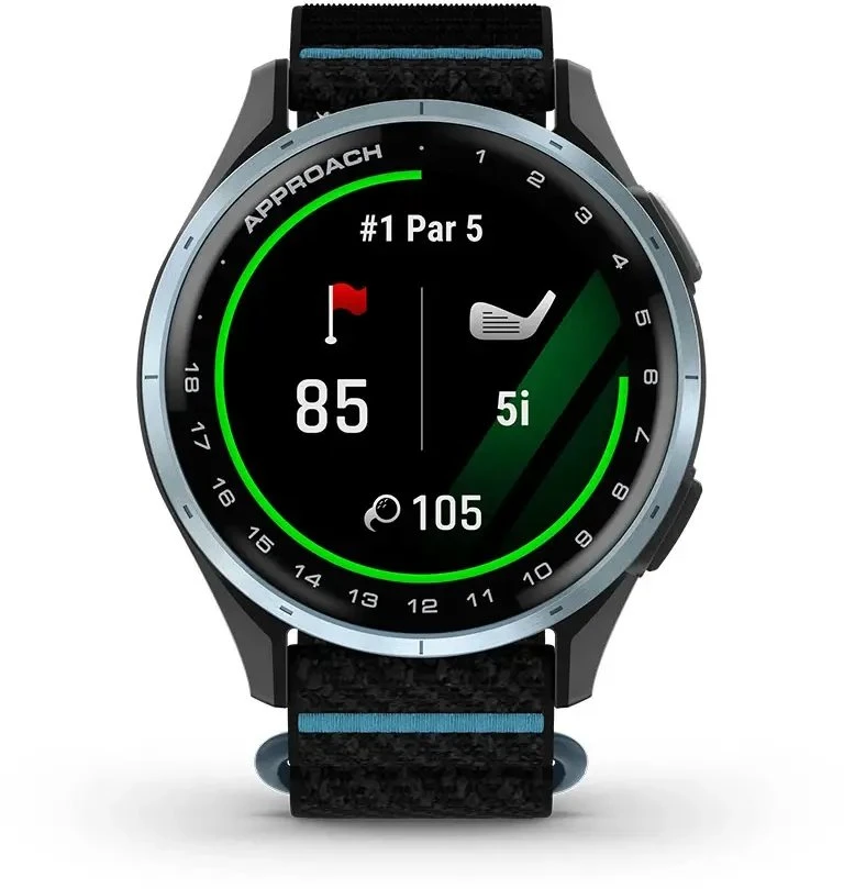 Išmanusis laikrodis Garmin Approach® J1, debesų mėlynos spalvos aliumininis korpusas su juodos / žydros spalvos „ComfortFit“ medžiaginiu dirželiu | 010-03898-00
