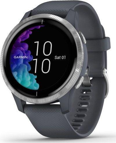 Išmanusis laikrodis Garmin Venu, Sidabro spalvos korpuso apvadas su mėlynai pilkos spalvos dirželiu