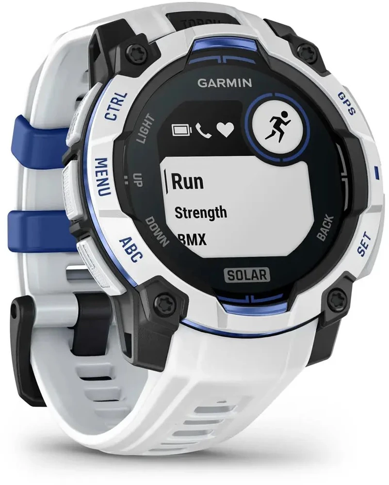 Išmanusis laikrodis Garmin Instinct® 3 – 45 mm, Solar, Baltojo akmens spalvos su baltojo akmens spalvos / mėlynu dirželiu