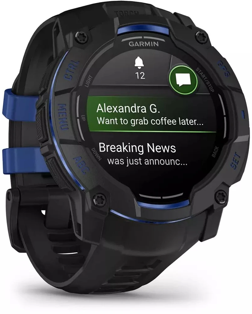 Išmanusis laikrodis Garmin Instinct 3, 50 mm, AMOLED, Juodas su juodu / mėlynu dirželiu