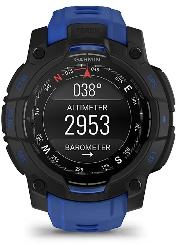 Išmanusis laikrodis Garmin Instinct 3 – 45 mm, AMOLED, Juodas su mėlynu / juodu dirželiu