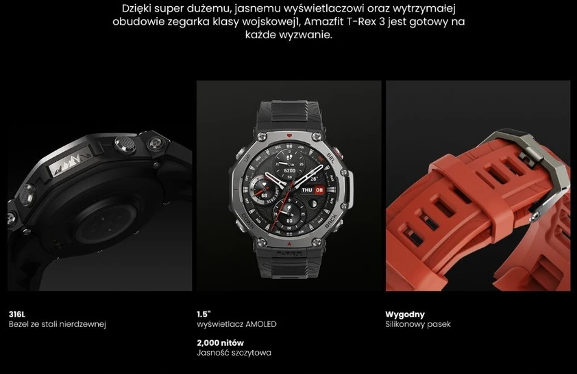 Išmanusis laikrodis Amazfit T-Rex 3, Nerudijančio plieno korpusas su onikso spalvos silikoniniu dirželiu