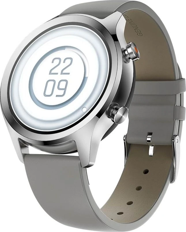 Išmanusis laikrodis Mobvoi TicWatch C2+, Platinos spalvos korpusas su šviesiai pilkos spalvos odiniu dirželiu