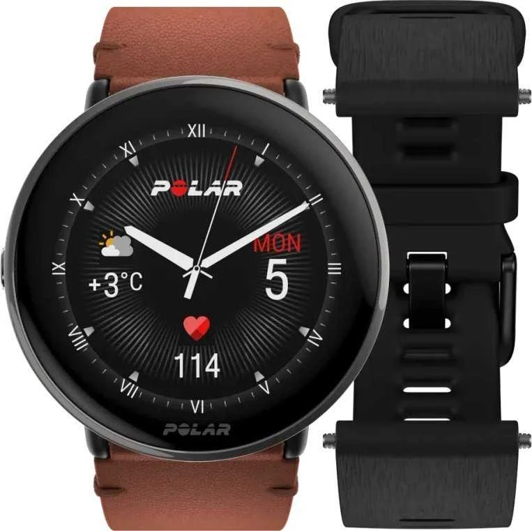 Išmanusis laikrodis Polar Ignite 3 Titanium, S-L dydžio, Juodos spalvos korpusas su rudos spalvos odiniu dirželiu (komplektacijoje papildomai juodos spalvos silikoninis dirželis)