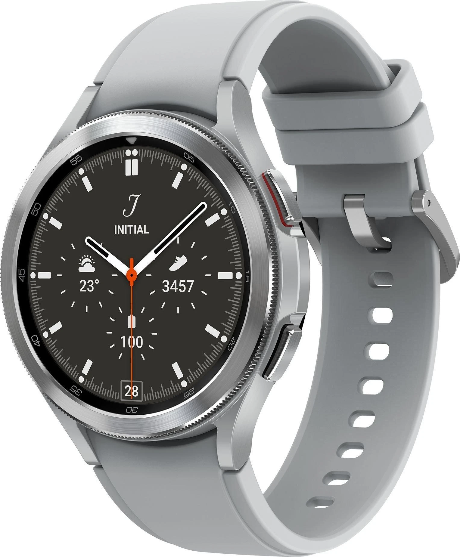 Išmanusis laikrodis Samsung Galaxy Watch 4 Classic LTE (46 mm), Sidabrinės spalvos korpusas su pilkos spalvos dirželiu