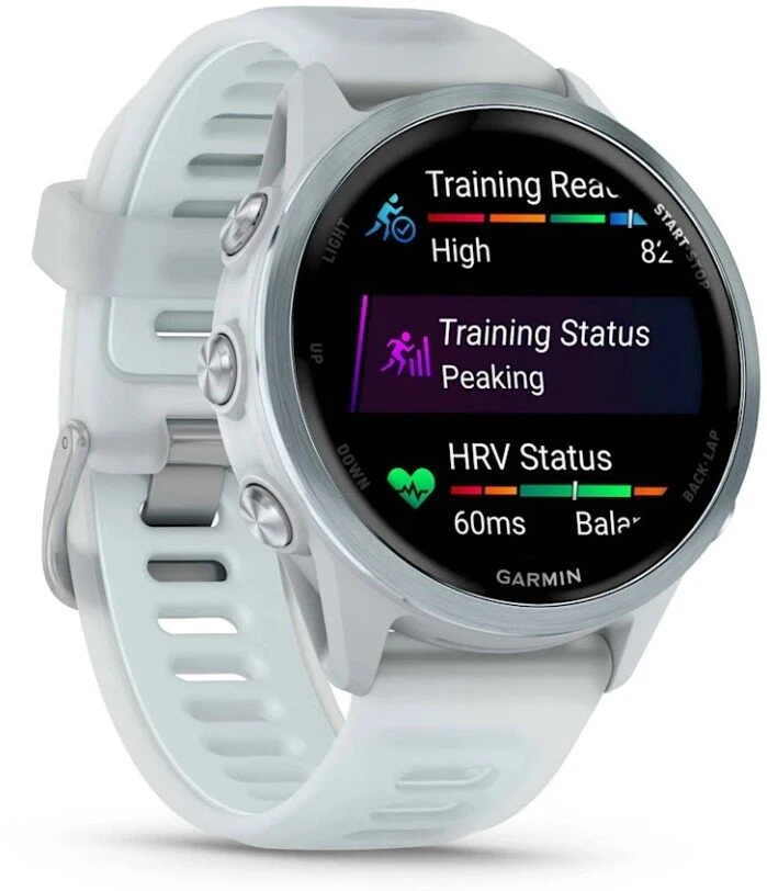Išmanusis laikrodis Garmin Forerunner® 570 - 42mm Melsvos spalvos aliuminis su permatomu baltojo akmens / melsvos spalvos dirželiu
