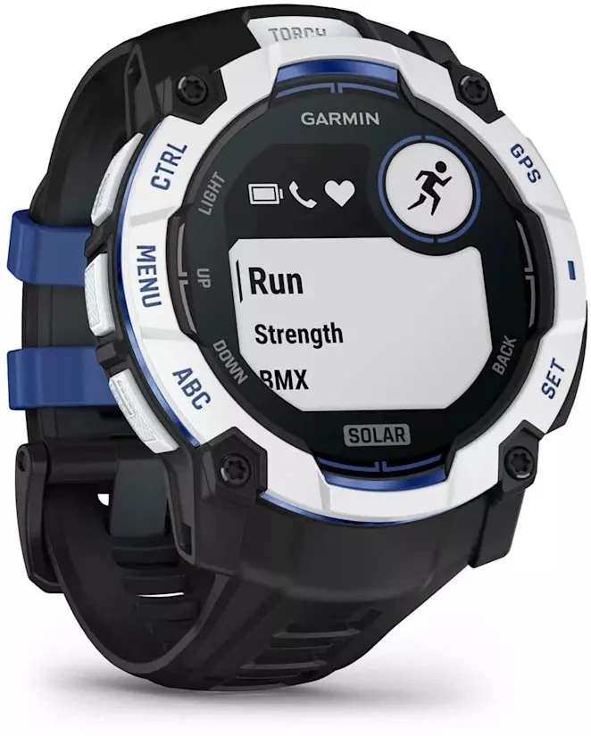 Išmanusis laikrodis Garmin Instinct 3 – 50 mm, Solar, Baltojo akmens spalvos su juodu / mėlynu dirželiu
