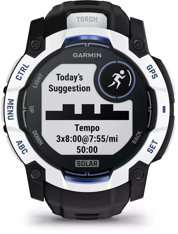 Išmanusis laikrodis Garmin Instinct 3 – 50 mm, Solar, Baltojo akmens spalvos su juodu / mėlynu dirželiu