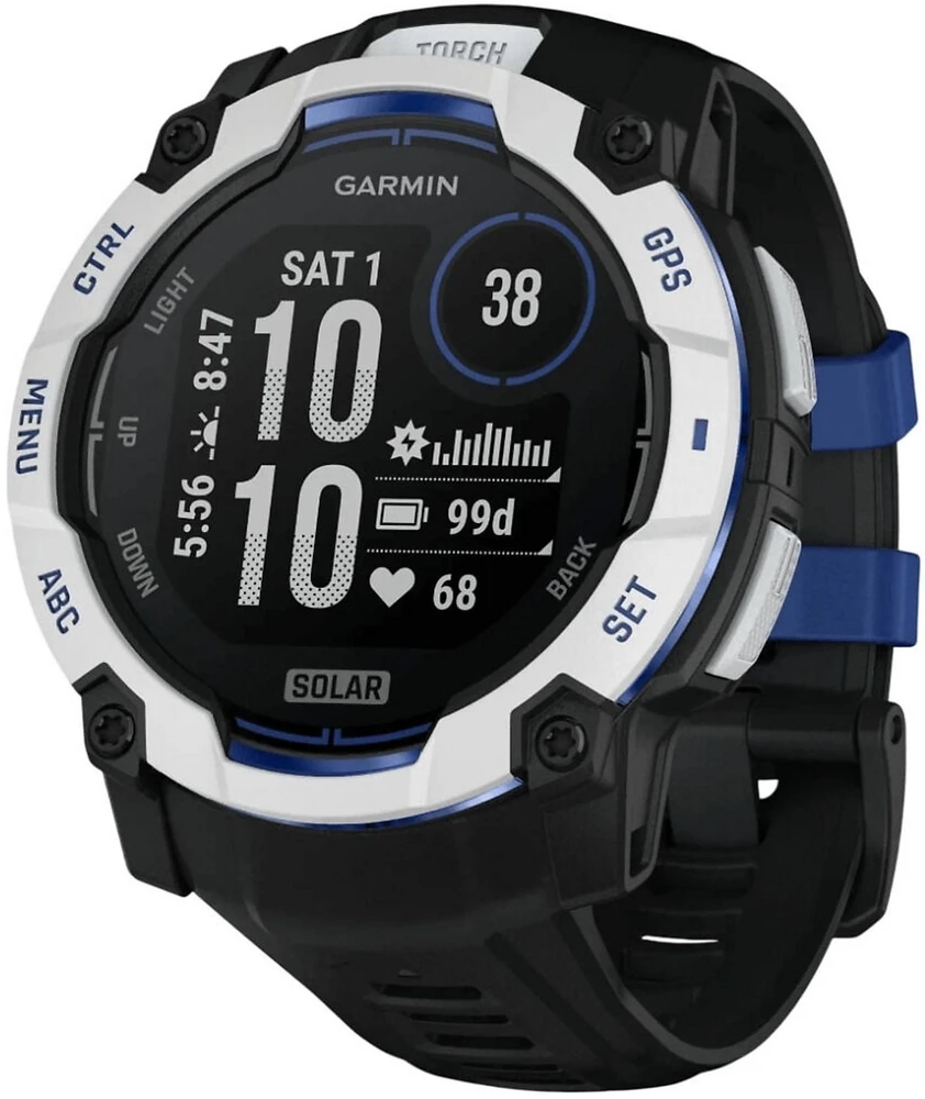 Išmanusis laikrodis Garmin Instinct 3 – 50 mm, Solar, Baltojo akmens spalvos su juodu / mėlynu dirželiu