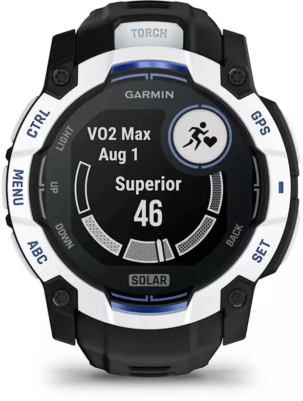 Išmanusis laikrodis Garmin Instinct 3 – 50 mm, Solar, Baltojo akmens spalvos su juodu / mėlynu dirželiu