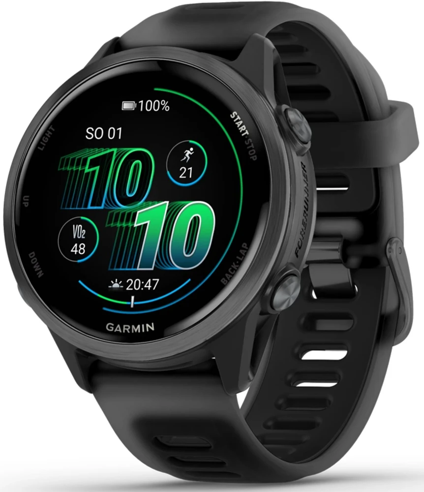 Išmanusis laikrodis Garmin Forerunner® 570 - 42mm Pilkai melsvos spalvos aliuminis su permatomu juodu / juodu dirželiu