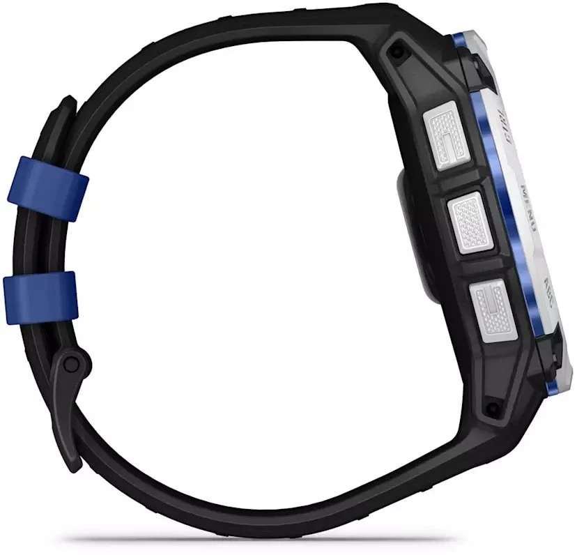 Išmanusis laikrodis Garmin Instinct 3 – 50 mm, Solar, Baltojo akmens spalvos su juodu / mėlynu dirželiu