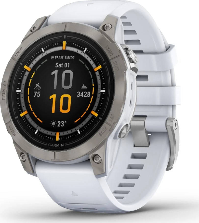 Išmanusis laikrodis Garmin epix™ Pro (Gen 2) – Sapphire Edition, 47 mm, Titano spalvos korpusas su baltos spalvos dirželiu