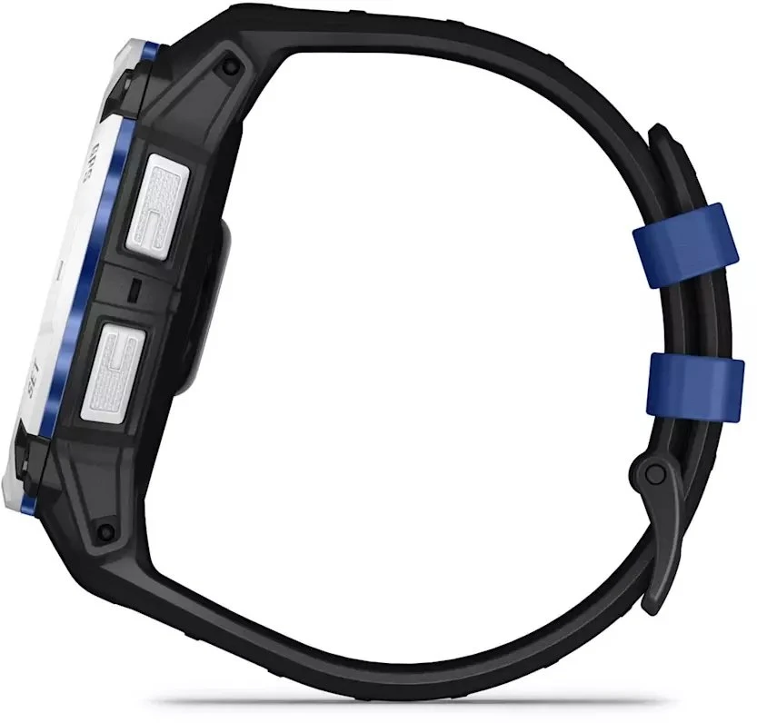 Išmanusis laikrodis Garmin Instinct 3 – 50 mm, Solar, Baltojo akmens spalvos su juodu / mėlynu dirželiu