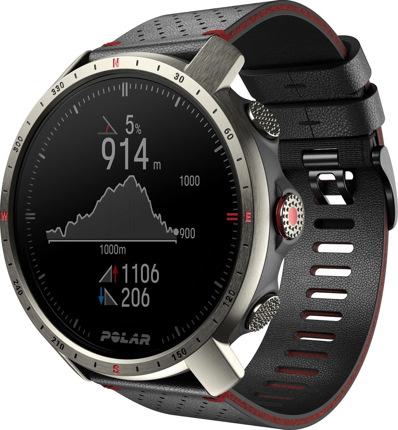 Išmanusis laikrodis Polar Grit X Pro Titan, Titano apvadas su juodu odiniu dirželiu