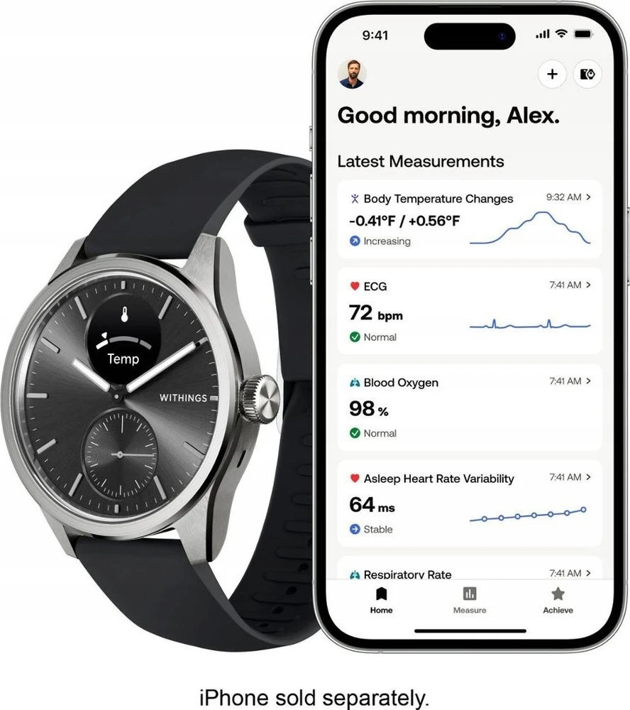 Išmanusis laikrodis Withings Scanwatch 2, 42 mm,  Sidabrinės spalvos korpusas su juodos spalvos dirželiu
