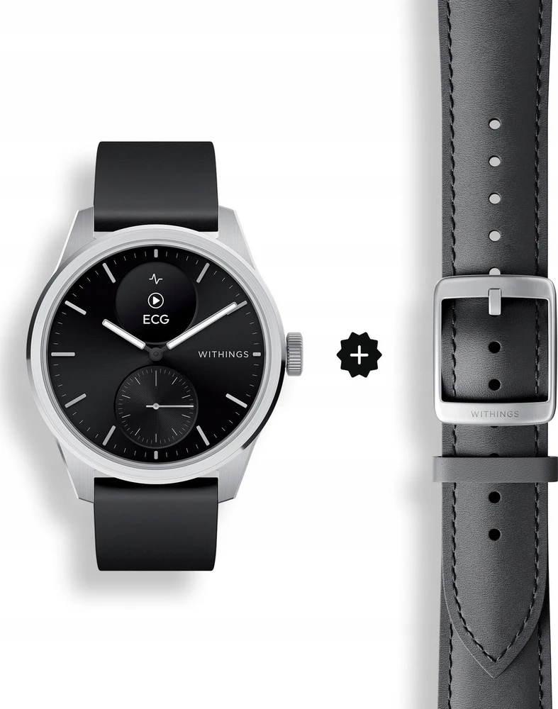 Išmanusis laikrodis Withings Scanwatch 2, 42 mm,  Sidabrinės spalvos korpusas su juodos spalvos dirželiu