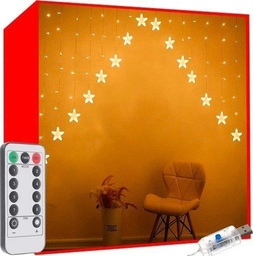 Iso Trade 136LED USB girlianda užuolaida žvaigždės šiltai balta