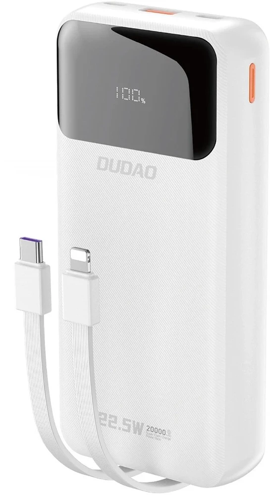 Dudao K15Pro Power Bank 20000mAh 22.5W PD USB-C / USB-A / integruotais Lightning ir USB-C kabeliais – baltos spalvos