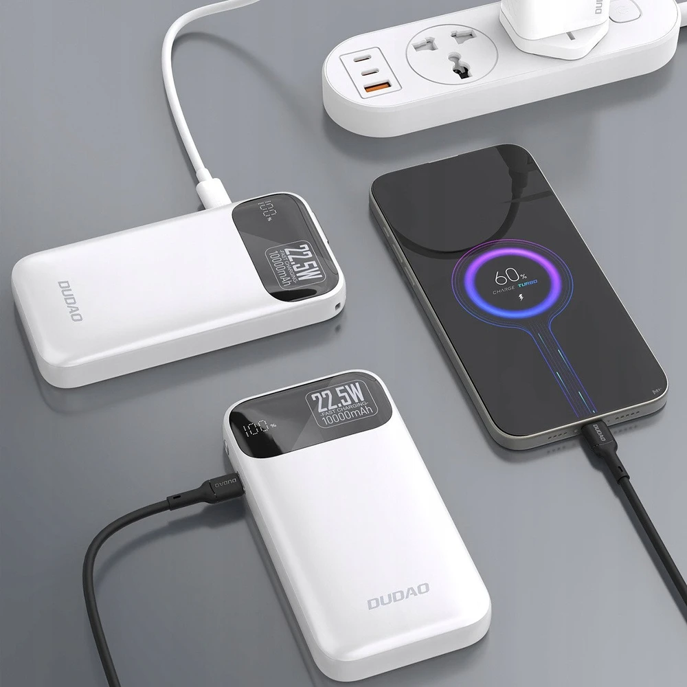 Dudao K31 10000 mAh 22.5W PD Powerbank su integruotu kabeliu – baltos spalvos