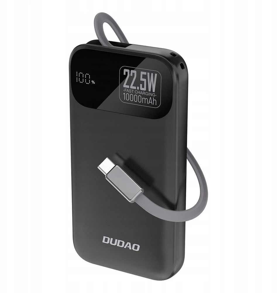 Dudao K31 10000 mAh 22.5W PD Powerbank su integruotu kabeliu – juodos spalvos