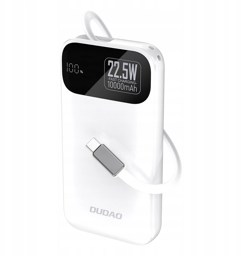 Dudao K31 10000 mAh 22.5W PD Powerbank su integruotu kabeliu – baltos spalvos