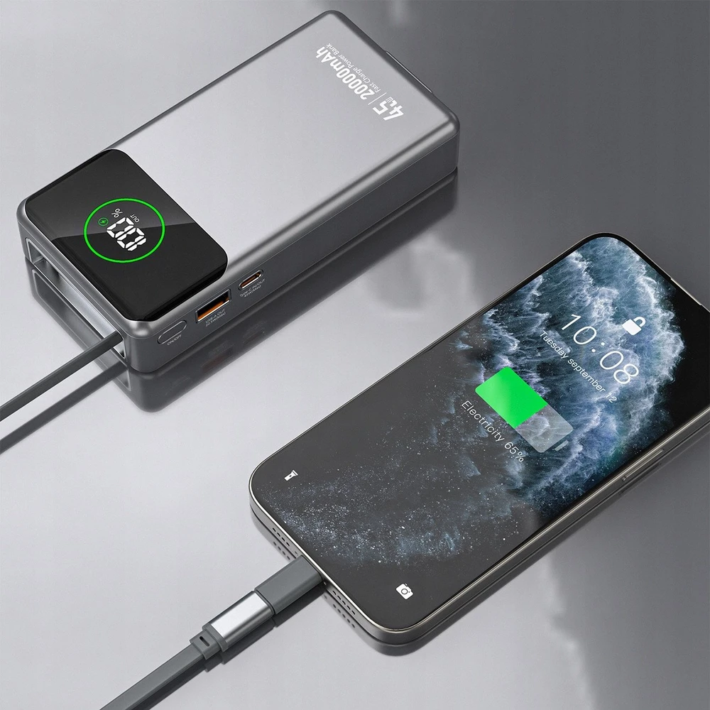 Dudao K31 Pro 45W 20000mAh išorinė baterija su įmontuotu ištraukiamu USB-C laidu – pilkos spalvos