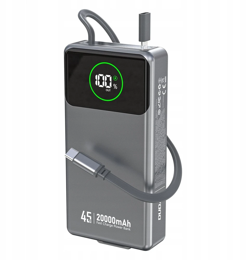Dudao K31 Pro 45W 20000mAh išorinė baterija su įmontuotu ištraukiamu USB-C laidu – pilkos spalvos
