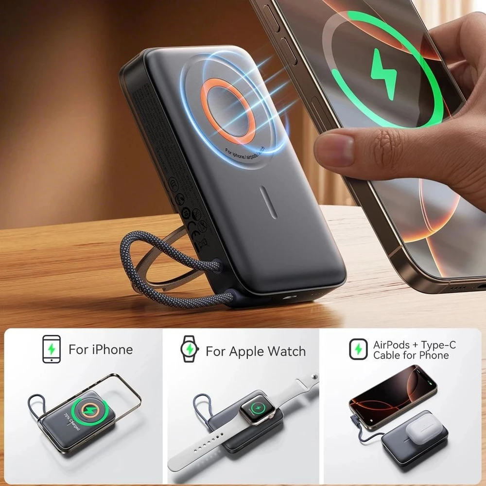 Joyroom JR-PBM02 išorinė baterija 22,5 W 10000 mAh 3in1 magnetinė indukcinė suderinama su „MagSafe“ su įmontuotu laidu – juodos spalvos