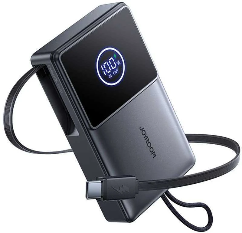 Joyroom JR-PR1 10000mAh 22.5W išorinė baterija su integruotu ištraukiamu USB-C laidu – juodos spalvos