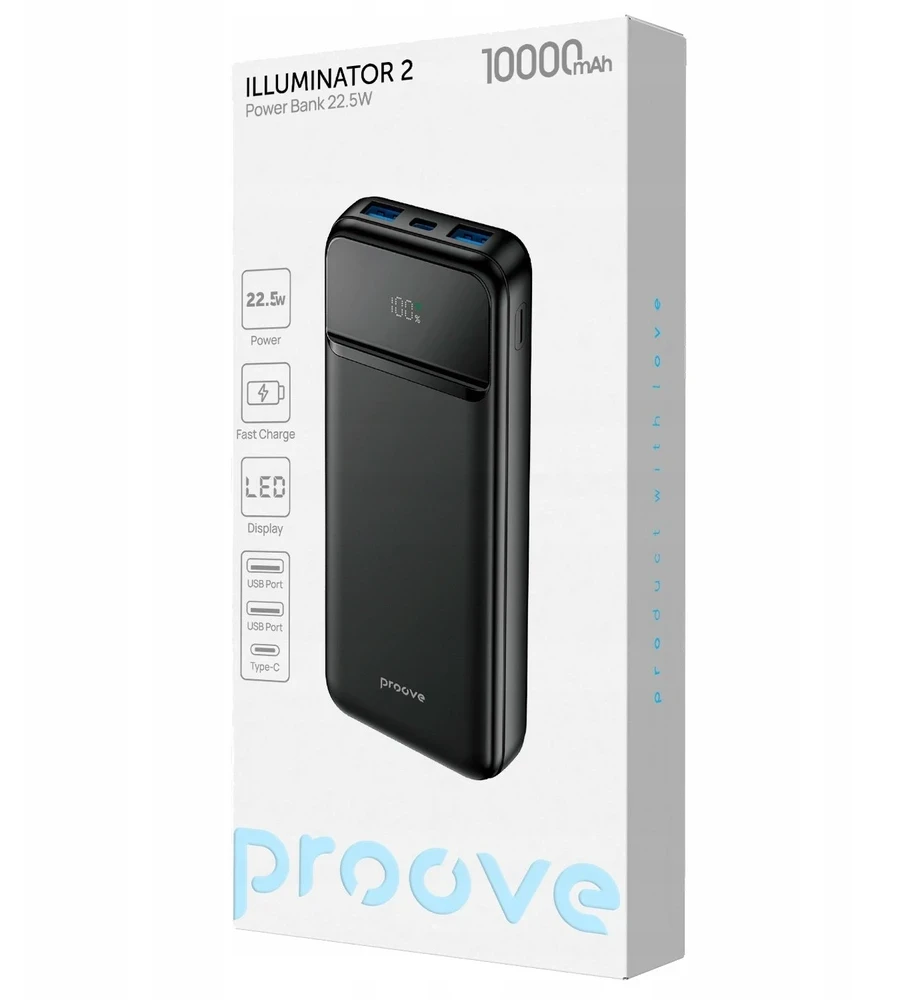 Nešiojamas įkroviklis PROOVE Illuminator 2 22,5 W 10000 mAh juodas