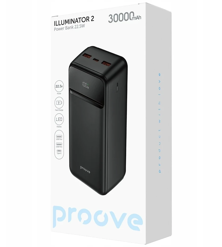 Nešiojamas įkroviklis PROOVE Illuminator 2 22,5 W 30000 mAh juodas