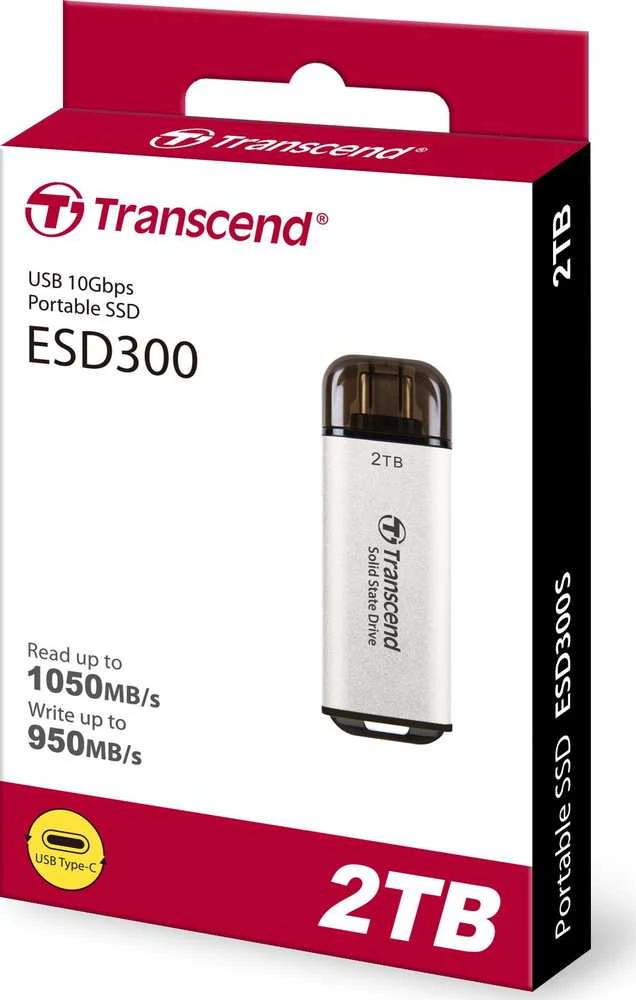 TRANSCEND ESD300S 2TB Išorinis kietasis diskas SSD USB 10Gbps Type C Sidabrinis