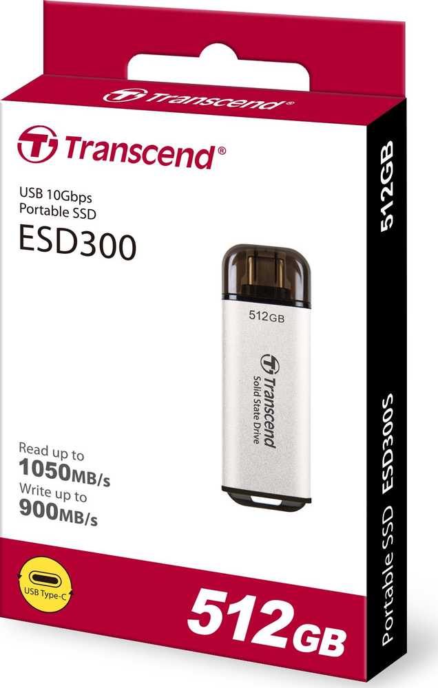Kietasis diskas TRANSCEND 512GB,USB EXTERNAL SSD, ESD300S, USB 10GBPS, TYPE C, Sidabrinis