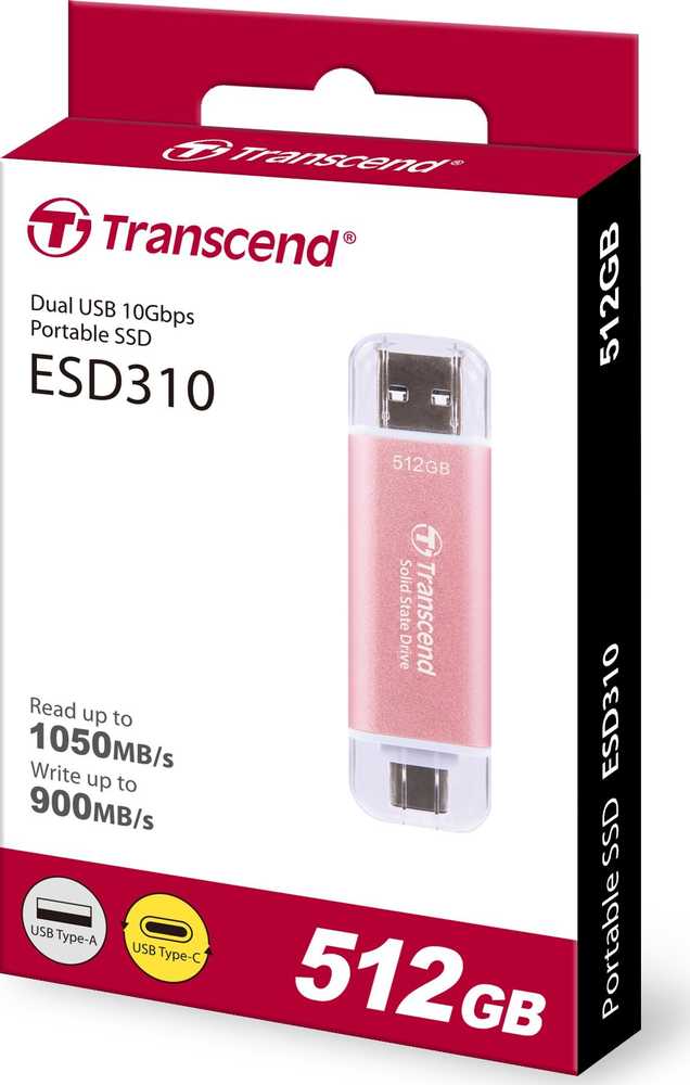 Kietasis diskas Transcend Rožinė SSD 512GB USB EXTERNAL ESD310P - USB 10GBPS TYPE C/ A Rožinis