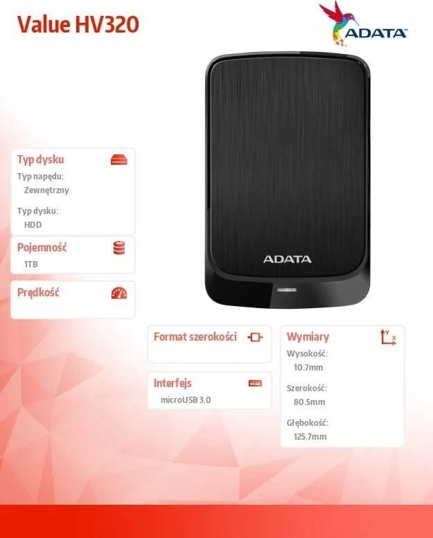 Kietasis diskas Išorinis diskas ADATA HDD HV320 1TB 2,5'' USB3.0 - juodas