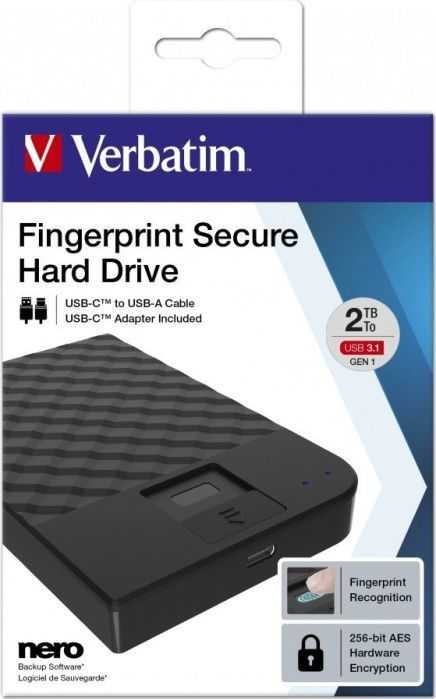 Kietasis diskas Išorinis standusis diskas Verbatim Fingerprint Secure, 2TB, USB Type-C 3.2 Gen 1 (3.1 Gen 1), juodas
