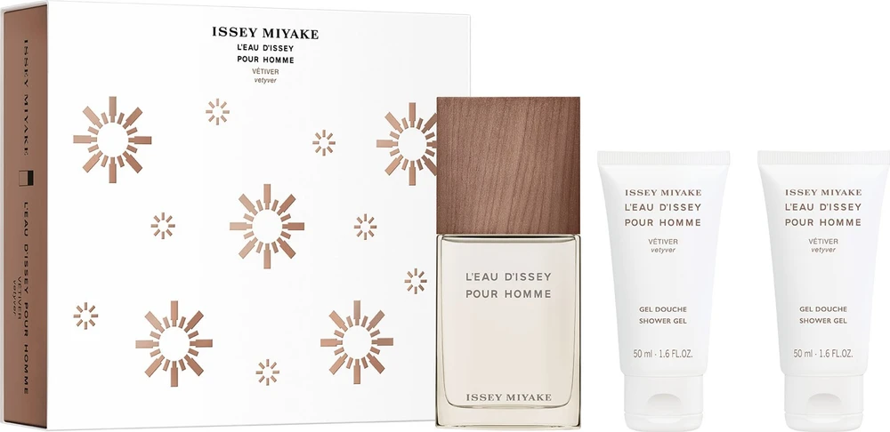 Kalėdinis 2023 m. rinkinys „Issey Miyake“: „L'Eau d'Issey Vetiver“ tualetinis vanduo vyrams, 50 ml + „L'Eau d'Issey Vetiver Hydrating“ dušo želė visiems odos tipams x2 vnt., 50 ml