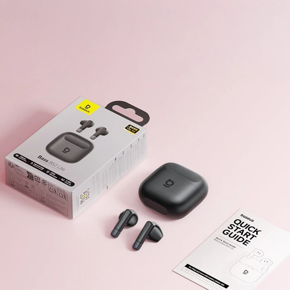 Baseus Belaidės Bluetooth 6.0 ausinės Bass BS2 Lite su įkrovimo dėklu, juodos
