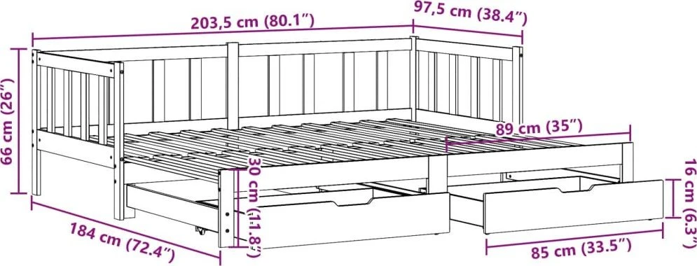 Lova su ištraukiama dalimi/stalčiais be čiužinio balta 90x200cm