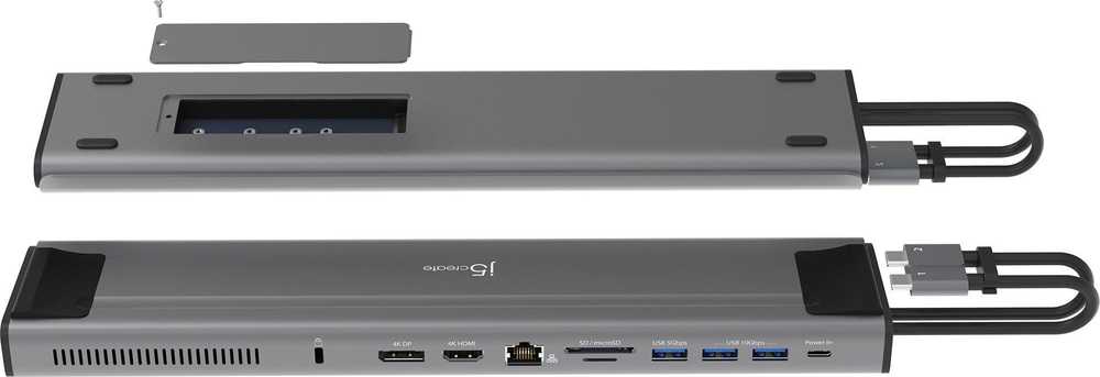 J5 Create J5sukurkite 2xusb-c m.2 nvme usb-c gen 2 prijungimo stotelę 1xhdmi/1xdisplay prievadą/3xusb3.2/2xusb-c/rj45 gigabit/ 1xm.2 nvme lizdą sidabrinė jcd552-n