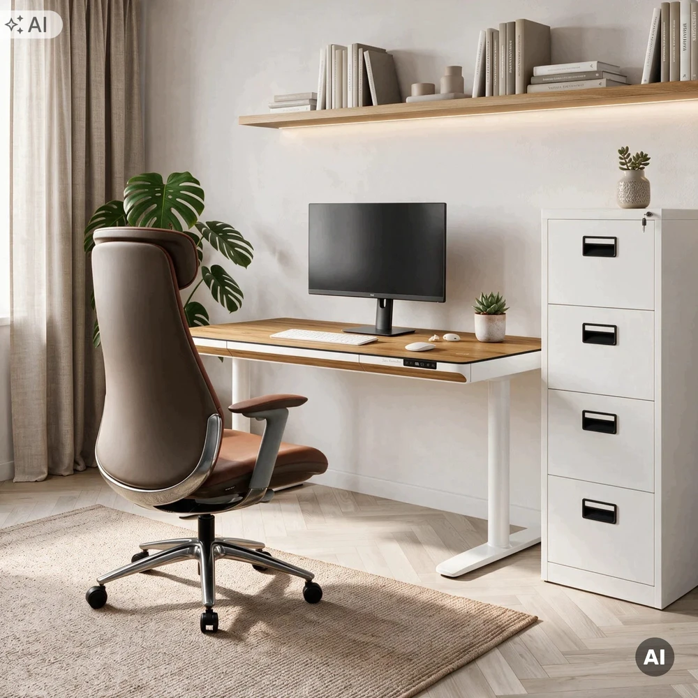 Jan Nowak Elektrinis reguliuojamo aukščio stalas su stalčiumi ir bevieliu Qi įkrovikliu, baltas/auksinio ąžuolo, 1400 mm: ELLIS (5907367514759)