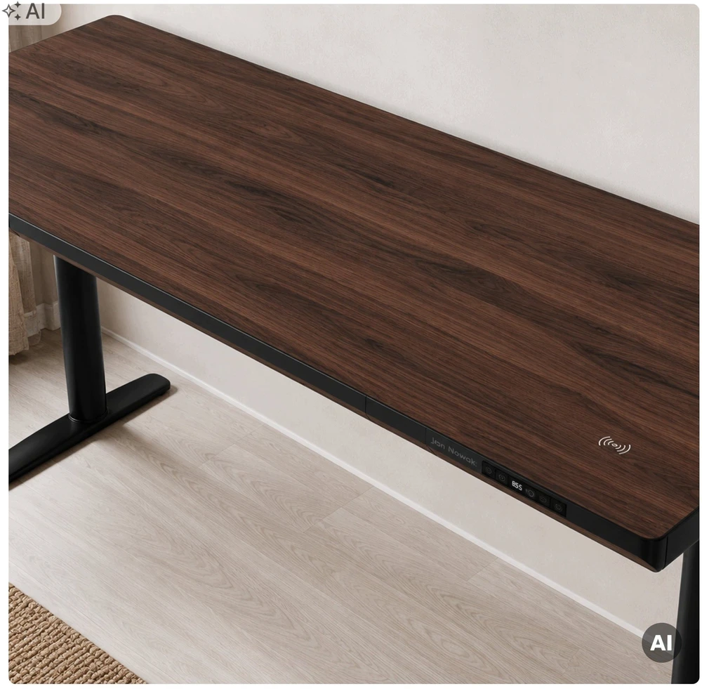 Jan Nowak Elektrinis reguliuojamo aukščio rašomasis stalas su stalčiumi ir belaidžiu Qi įkrovikliu, juodas/riešutmedis, 1600 mm: ELLIS (5907367514810)