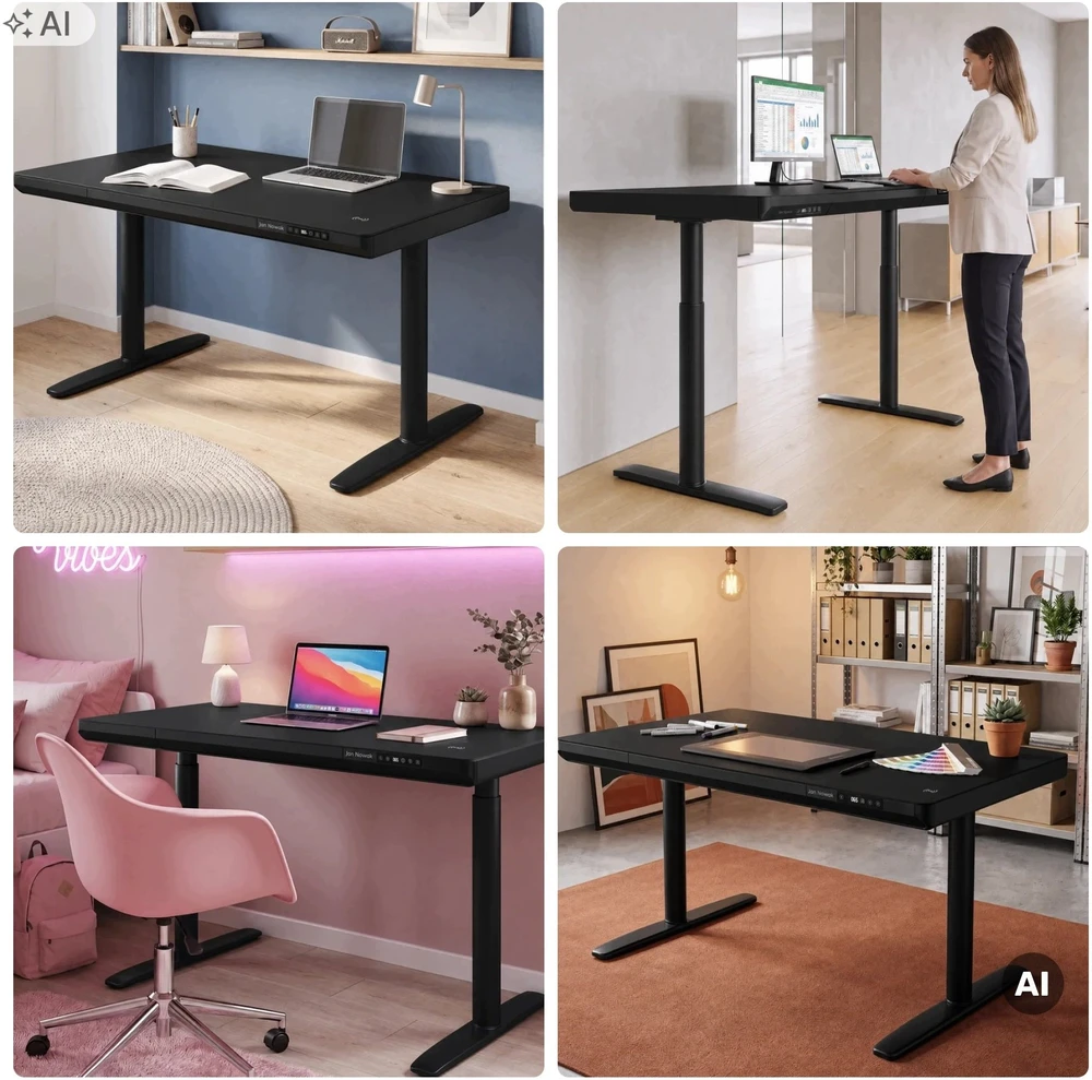 Jan Nowak Elektrinis reguliuojamo aukščio biurko su stalčiumi ir belaidžiu Qi įkrovikliu, juodas, 1200 mm: ELLIS (5907367514636)