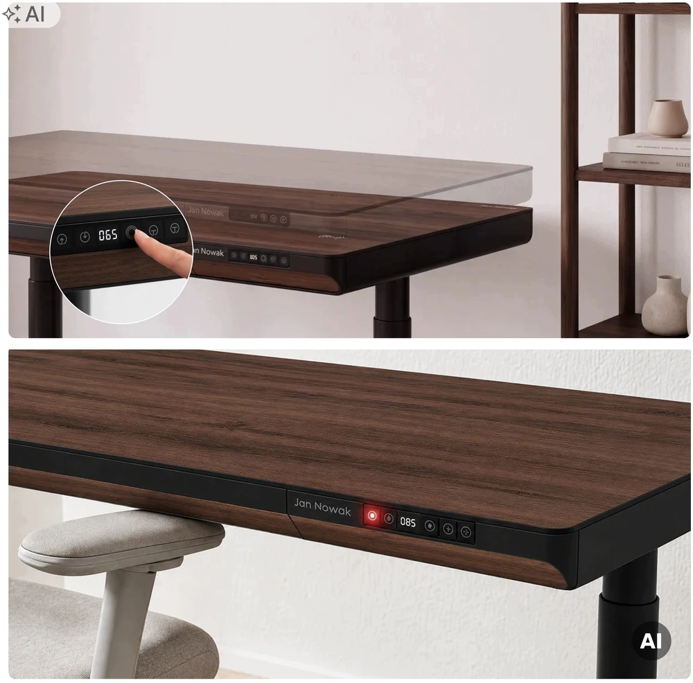 Jan Nowak Elektrinis reguliuojamo aukščio rašomasis stalas su stalčiumi ir belaidžiu Qi įkrovikliu, juodas/riešutmedis, 1600 mm: ELLIS (5907367514810)