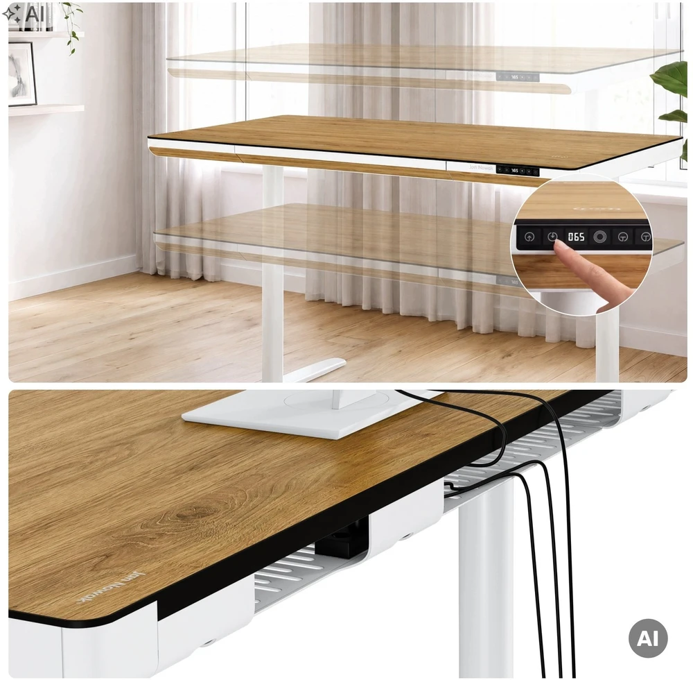 Jan Nowak Elektrinis reguliuojamo aukščio stalas su stalčiumi ir bevieliu Qi įkrovikliu, baltas/auksinio ąžuolo, 1400 mm: ELLIS (5907367514759)