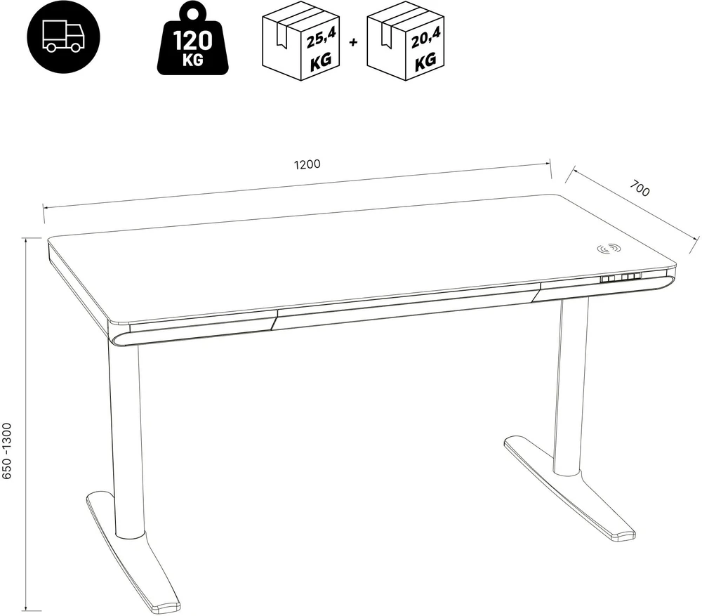 Jan Nowak Elektrinis reguliuojamo aukščio stalas su stalčiumi ir belaidžiu Qi įkrovikliu, baltas/auksinis ąžuolas, 1200 mm: ELLIS (5907367514674)