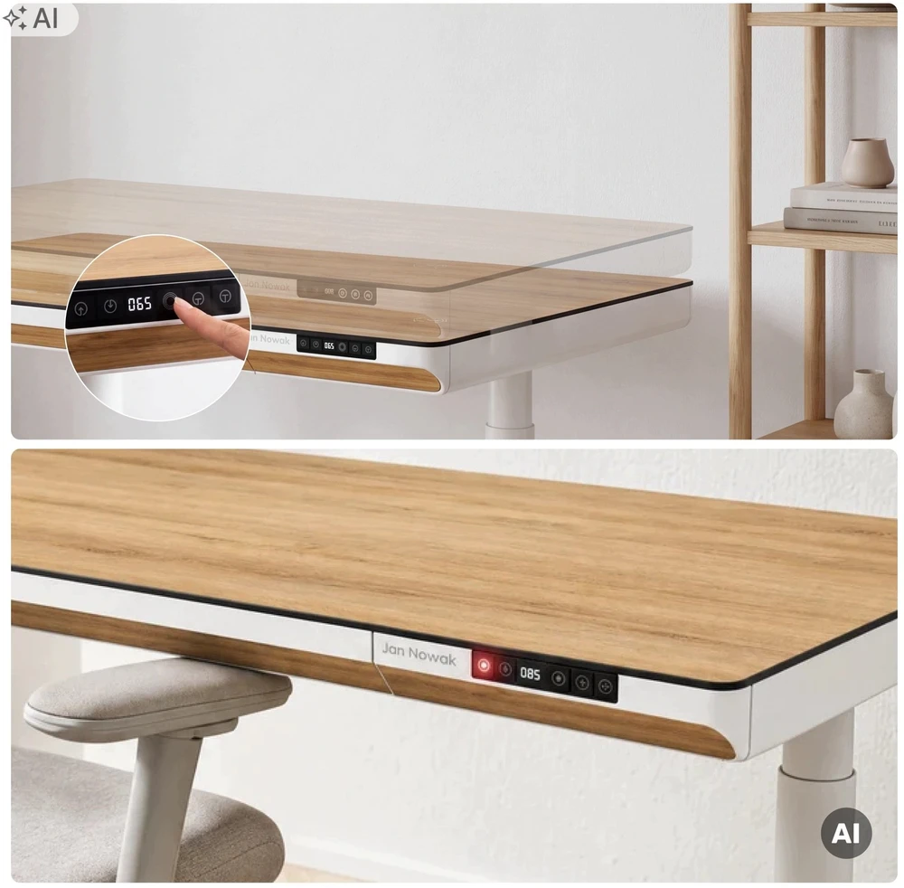 Jan Nowak Elektrinis reguliuojamo aukščio stalas su stalčiumi ir bevieliu Qi įkrovikliu, baltas/auksinio ąžuolo, 1400 mm: ELLIS (5907367514759)