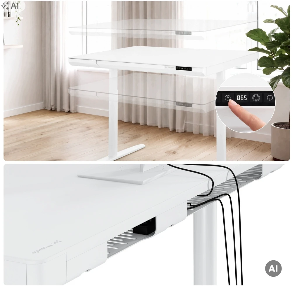Jan Nowak Elektrinis staliukas su reguliuojamu aukščiu, stalčiumi ir belaidžiu Qi įkrovikliu, baltas, 1400 mm: ELLIS (5907367514698)